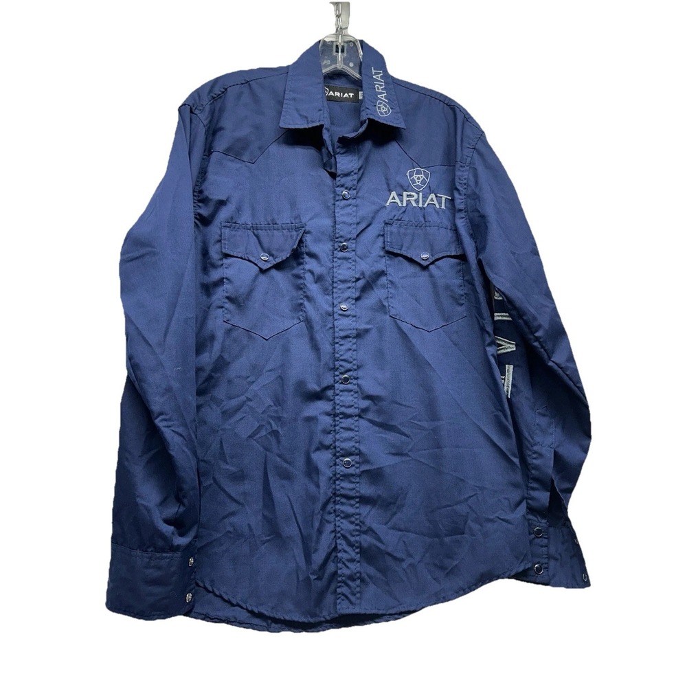 Ariat Men's 38 Blue Pearl Snap Spell out Button up Long Sleeve Shirt (UB)